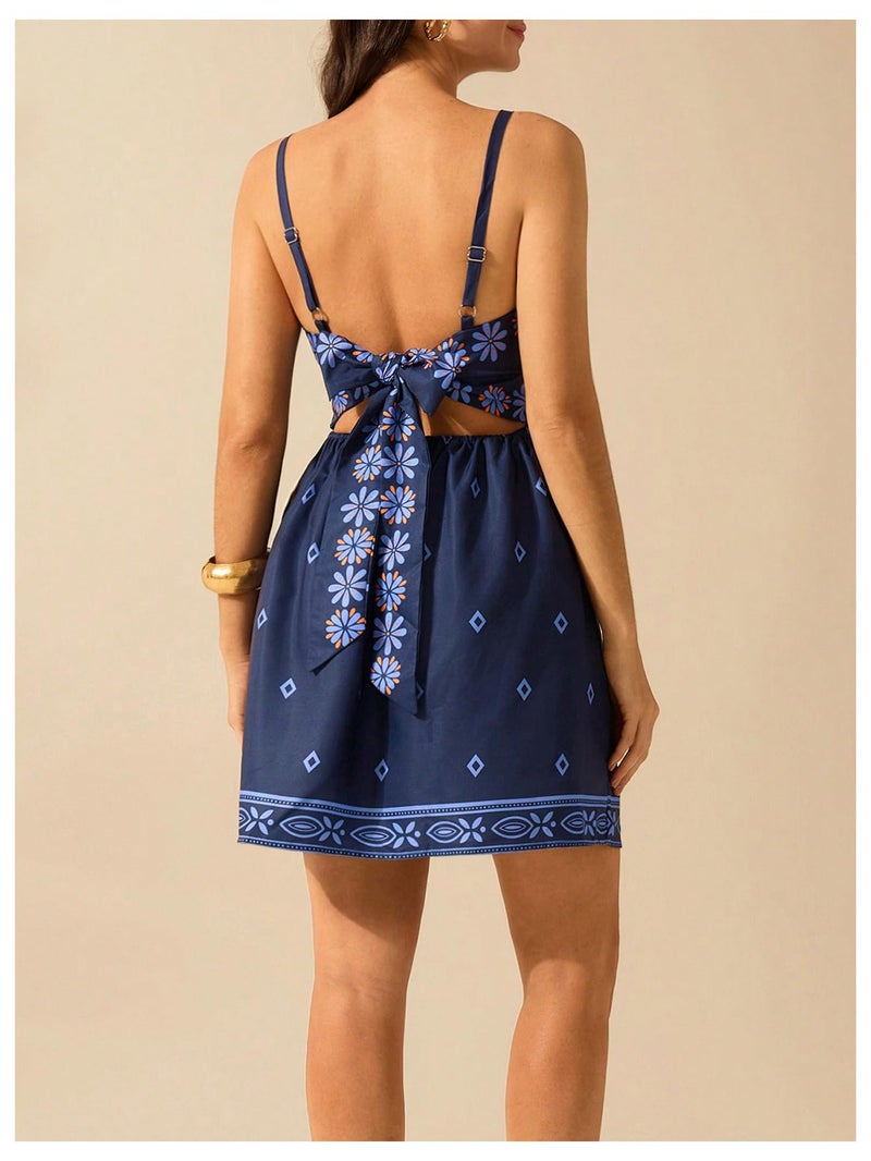 MakeMeChic Women's Floral Boho Dress Sleeveless Vacation Mini Short Dress Tie Backless Sundress Multicolor Large - Image 2