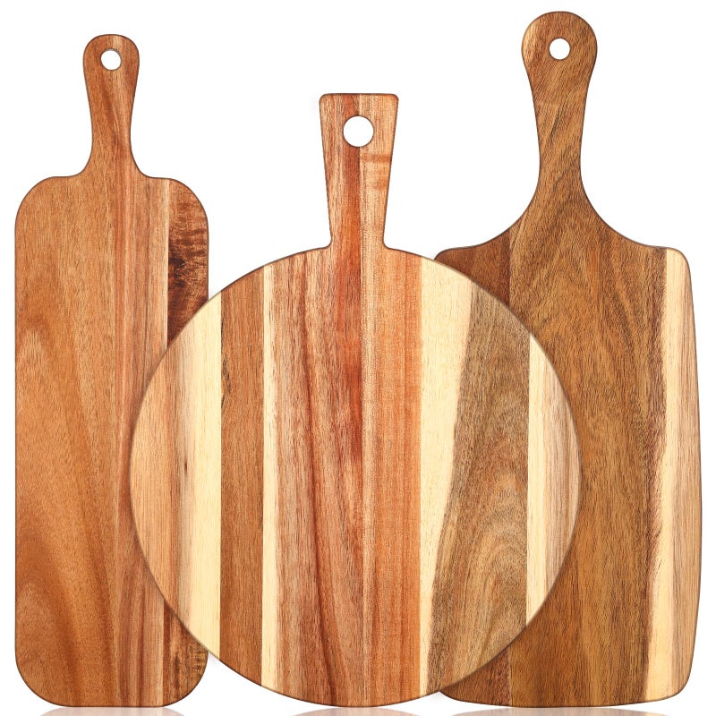 Uiifan 3 Pcs Acacia Wood Cutting Board with Handle Wooden Chopping Charcuterie Board Assorted Size Butcher Block Serving Tray for Cheese Pizza 16 x 12 In 17 x 7 In 16 x 47 in
