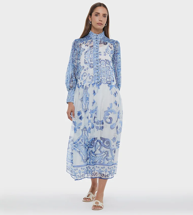 بي سي بي جي BCBG Porcelin Print Chiffon Maxi Dress