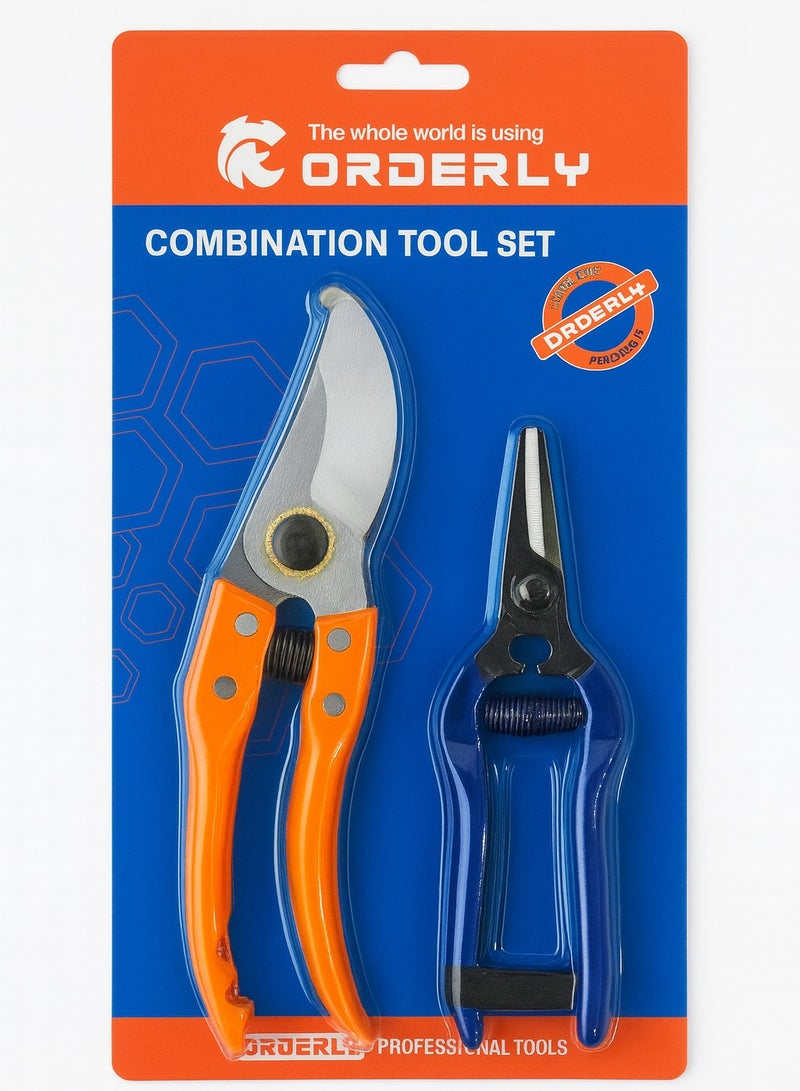 ORDERLY 2-Piece Garden Scissors Tool Set – GARDEN SCISSORS TOOL SET (Bypass Pruning Shears + Precision Trimming Shears) A practical duo that combines clean, plant-friendly bypass pruning for branches with precise snipping for flowers and thin stems. Ergonomic, anti-slip handles and individual safety locks for safe storage and transport. - Image 1