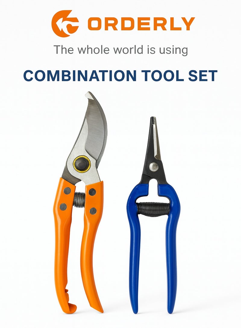 ORDERLY 2-Piece Garden Scissors Tool Set – GARDEN SCISSORS TOOL SET (Bypass Pruning Shears + Precision Trimming Shears) A practical duo that combines clean, plant-friendly bypass pruning for branches with precise snipping for flowers and thin stems. Ergonomic, anti-slip handles and individual safety locks for safe storage and transport. - Image 2