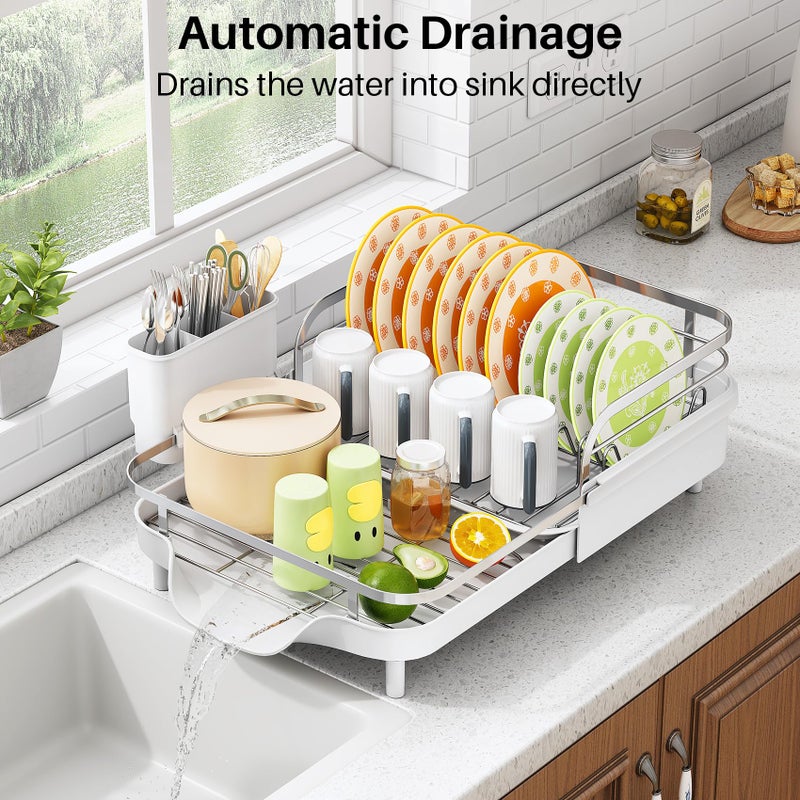 SAYZH Dish Drying Rack - Expandable Dish Rack for Kitchen Counter, Rust-Resistant Dish Drainer with Utensil Holder and Raised Guardrail, Kitchen Organizer for Cup and Bottle (White) - Image 5