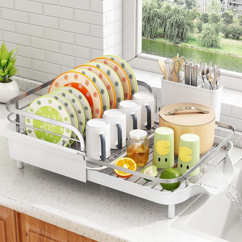 SAYZH Dish Drying Rack - Expandable Dish Rack for Kitchen Counter, Rust-Resistant Dish Drainer with Utensil Holder and Raised Guardrail, Kitchen Organizer for Cup and Bottle (White) - Image 1