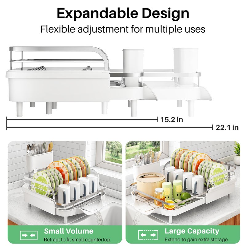 SAYZH Dish Drying Rack - Expandable Dish Rack for Kitchen Counter, Rust-Resistant Dish Drainer with Utensil Holder and Raised Guardrail, Kitchen Organizer for Cup and Bottle (White) - Image 2