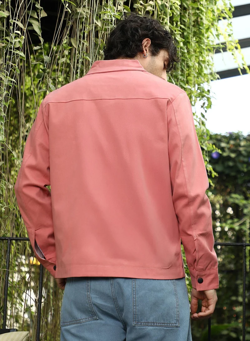 Campus Sutra Men Utility-Twill Jacket | Point Collar, Long Button-Cuff Sleeves | Snap Button , Straight Hem | Solid Twill | Woven Fabric For Casual & Daily Wear | Coral Pink