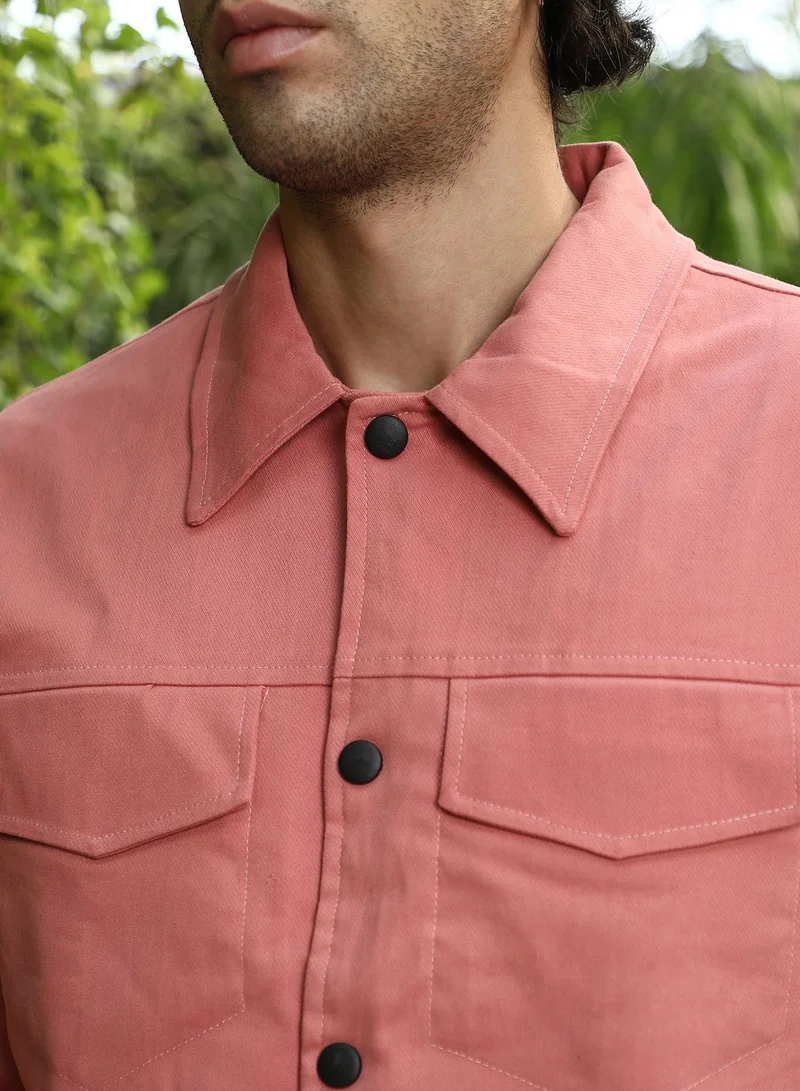 Campus Sutra Men Utility-Twill Jacket | Point Collar, Long Button-Cuff Sleeves | Snap Button , Straight Hem | Solid Twill | Woven Fabric For Casual & Daily Wear | Coral Pink