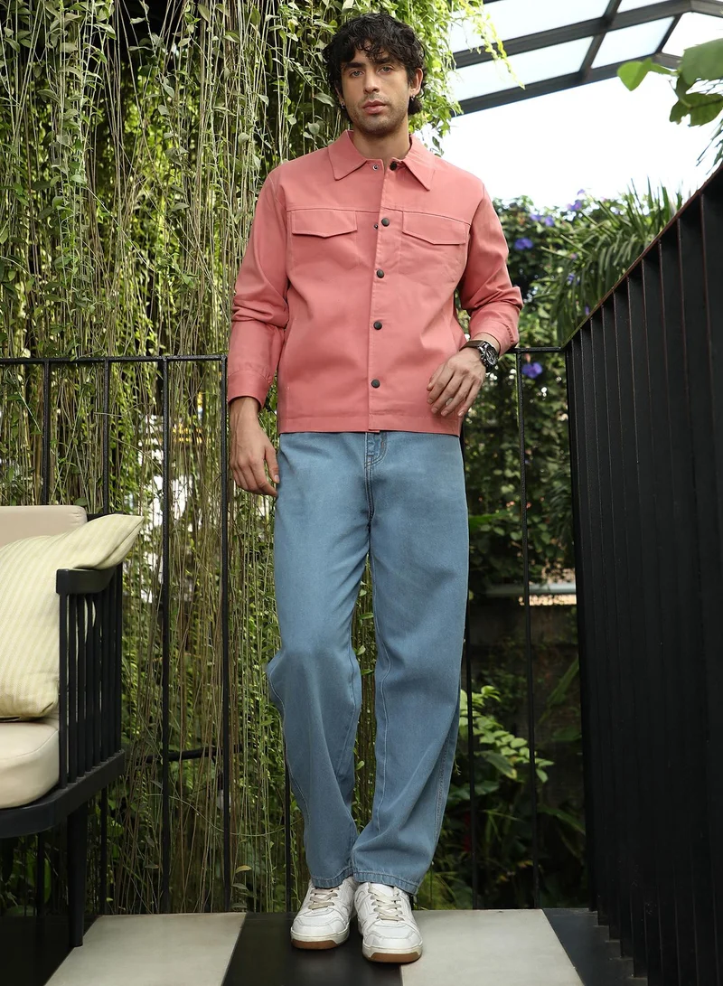 Campus Sutra Men Utility-Twill Jacket | Point Collar, Long Button-Cuff Sleeves | Snap Button , Straight Hem | Solid Twill | Woven Fabric For Casual & Daily Wear | Coral Pink