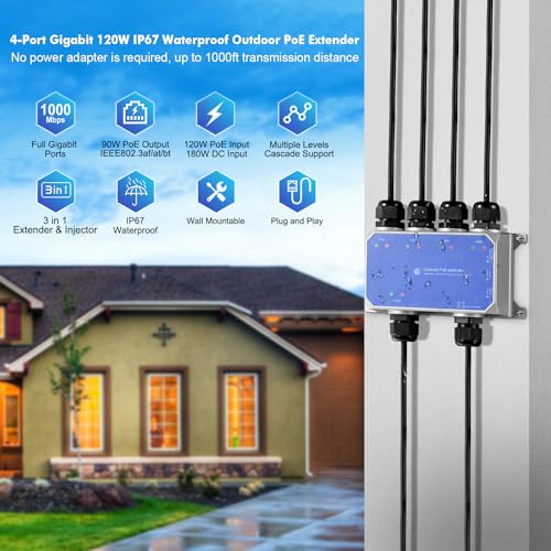 MokerLink IP67 Outdoor 5 Port Gigabit PoE Extender, IEEE 802.3 af/at/bt PoE Repeater 90W, 10/100/1000Mbps, 1 PoE in 4 PoE Out, Wall Mount Metal Waterproof POE Passthrough Switch - Image 2