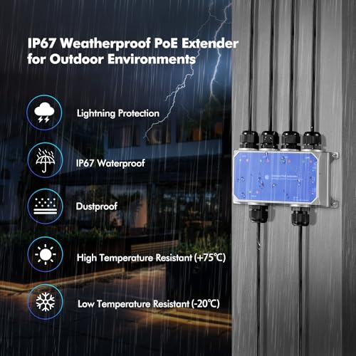 MokerLink IP67 Outdoor 5 Port Gigabit PoE Extender, IEEE 802.3 af/at/bt PoE Repeater 90W, 10/100/1000Mbps, 1 PoE in 4 PoE Out, Wall Mount Metal Waterproof POE Passthrough Switch - Image 5