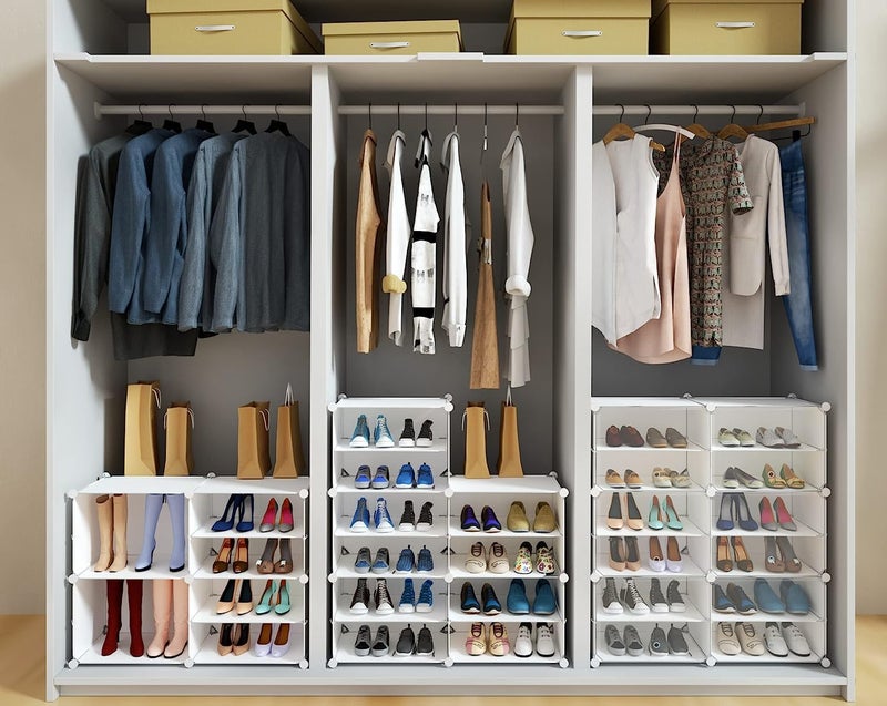 AYSIS Shoe Rack Organizer, 36 Pair Shoe Storage Cabinet with Door Expandable Plastic Shoe Shelves for Closet,Heels,Boots,Slippers (12-Shelf, White) - Image 2
