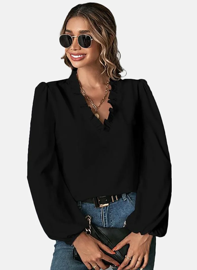 YUNIQEE Black Solid Relaxed Long Sleeve Top