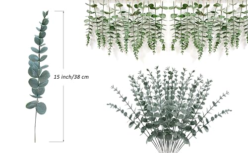 ABAJI Plastic Eucalyptus Green Spraying Frost Stems 12 Fake Faux Decorations Artificial Leaves Greenery Plant Leaf Home Office House Table Desk Decor Wedding Party Vase Forever Live - Image 3