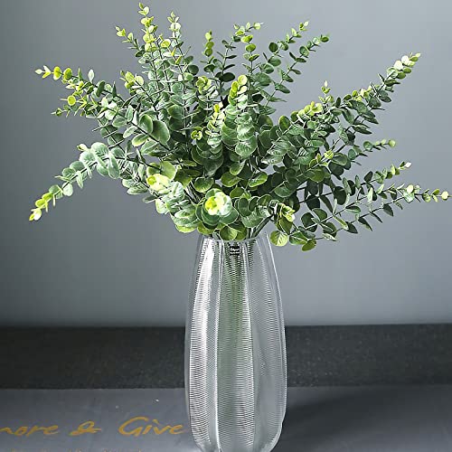 ABAJI Plastic Eucalyptus Green Spraying Frost Stems 12 Fake Faux Decorations Artificial Leaves Greenery Plant Leaf Home Office House Table Desk Decor Wedding Party Vase Forever Live - Image 4
