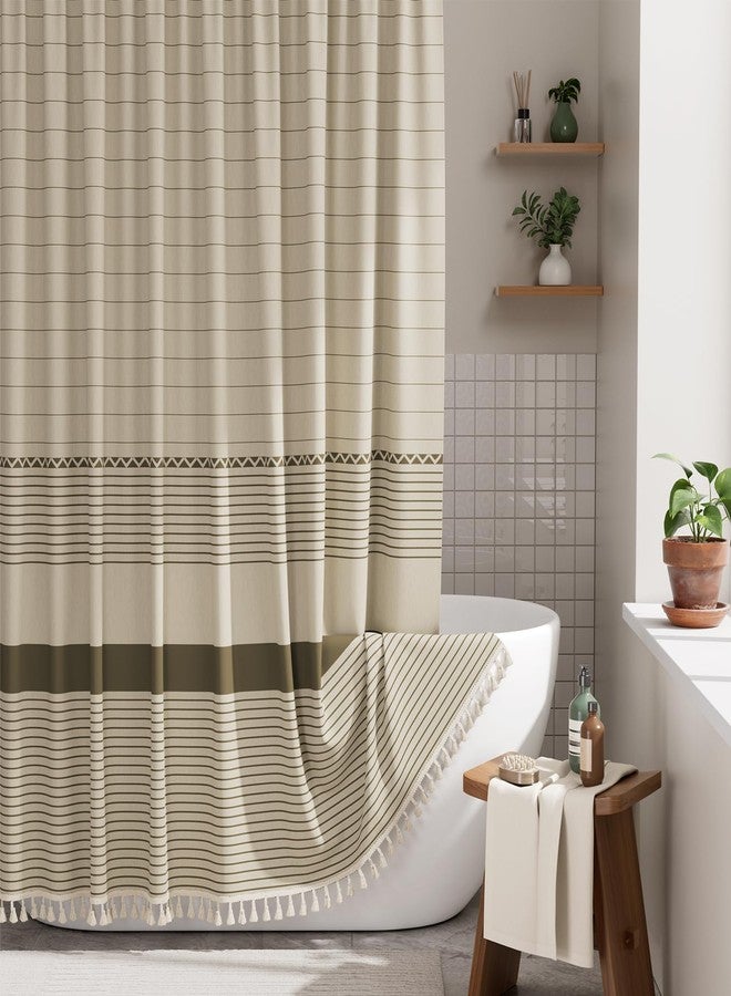 AmazerBath Farmhouse Shower Curtain, Brown Shower Curtain Set with Tassels, Rustic Faux Linen Brown Striped Boho Shower Curtain with Hooks, Warm Tan Toned, 72x72 Inches - Image 1