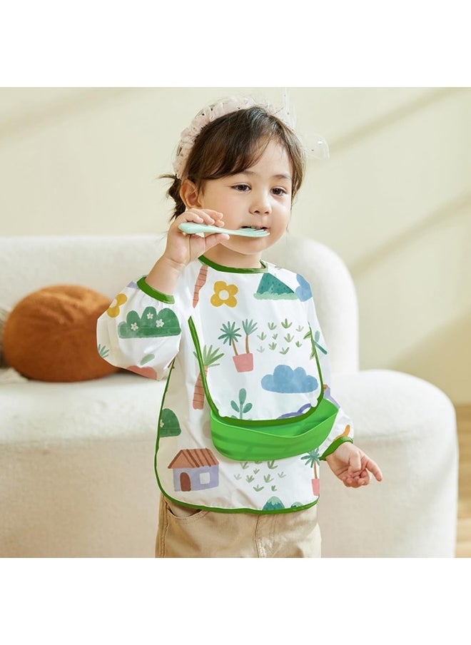 ECVV ECVV 2PCS Long Sleeve Baby Bibs Mess Proof Infant Feeding Bibs with Food Catcher Waterproof Cute Cartoon Pattern Baby Smocks Eating Bib for Toddlers, One Size  - Image 2