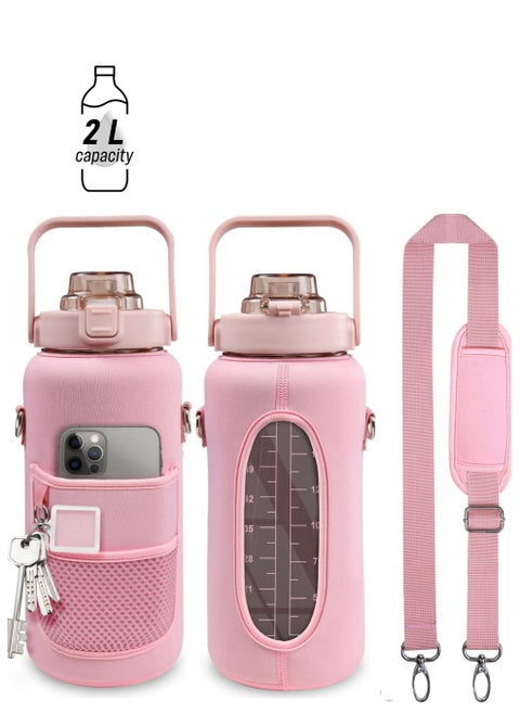 2L Half Gallon Water Bottle with Sleeve and Strap Water Bottle Motivational with Straw and Time Marker to Drink Leakproof Reusable Water Bottle for Unisex Sports, Fitness, Workout