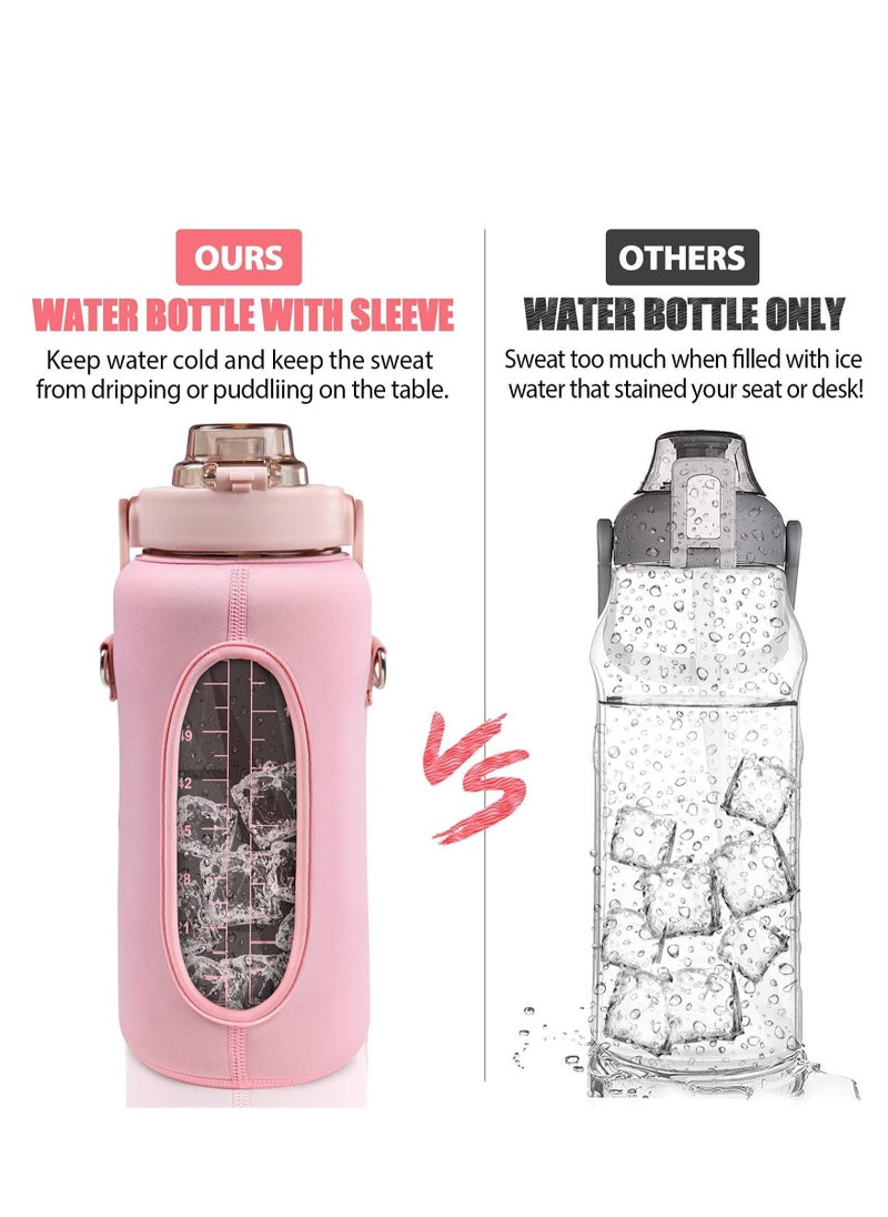 2L Half Gallon Water Bottle with Sleeve and Strap Water Bottle Motivational with Straw and Time Marker to Drink Leakproof Reusable Water Bottle for Unisex Sports, Fitness, Workout