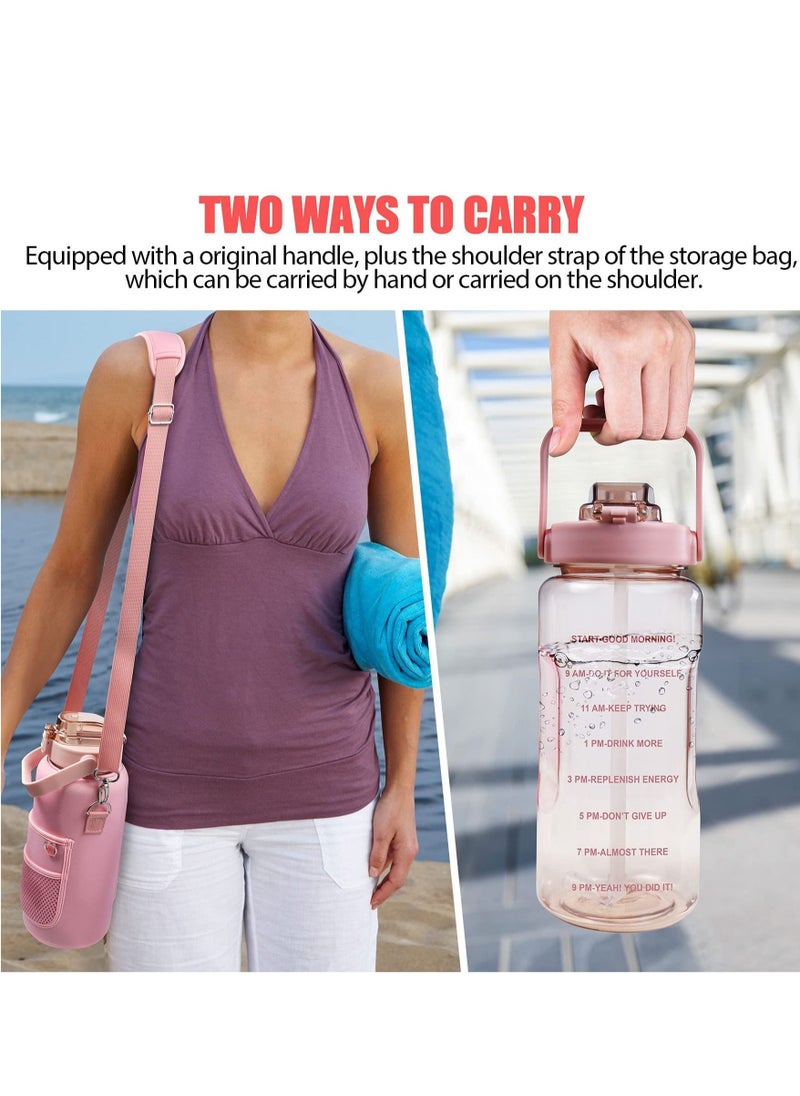 2L Half Gallon Water Bottle with Sleeve and Strap Water Bottle Motivational with Straw and Time Marker to Drink Leakproof Reusable Water Bottle for Unisex Sports, Fitness, Workout