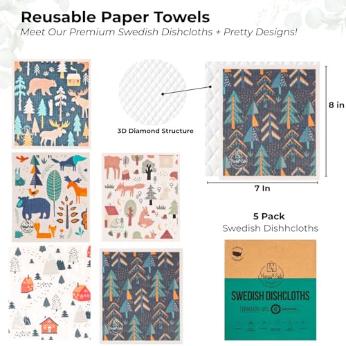 Harps&Seb Swedish Dishcloths for Kitchen Dish Towels - 5 Pack, Non-Scratch Reusable Paper Towels, Super Absorbent Washable Swedish Dish Cloths, No Odor, Biodegradable, Forest Designs - Image 2