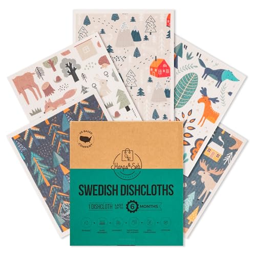 Harps&Seb Swedish Dishcloths for Kitchen Dish Towels - 5 Pack, Non-Scratch Reusable Paper Towels, Super Absorbent Washable Swedish Dish Cloths, No Odor, Biodegradable, Forest Designs - Image 1