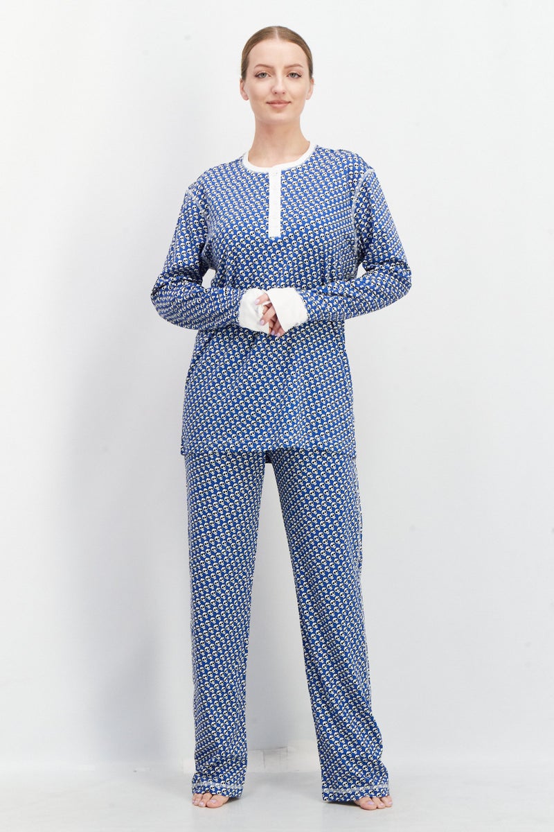 Bloomies Women 2 Pcs Allover Print Sleepwear Set, Blue/White - Image 1