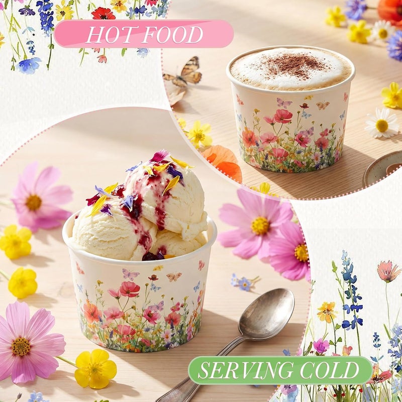Maxdot 50 Pcs Spring Snack Cups 9oz Disposable Ice Cream Cups Flower and Butterfly Decorative Paper Dessert Bowls Spring Party Supplies for Yogurt, Cupcake, Soup Hot or Cold Food - Image 3