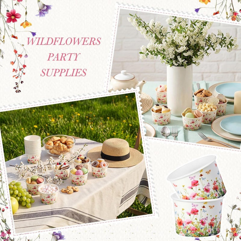 Maxdot 50 Pcs Spring Snack Cups 9oz Disposable Ice Cream Cups Flower and Butterfly Decorative Paper Dessert Bowls Spring Party Supplies for Yogurt, Cupcake, Soup Hot or Cold Food - Image 5