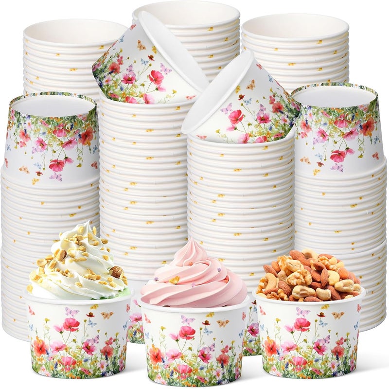 Maxdot 50 Pcs Spring Snack Cups 9oz Disposable Ice Cream Cups Flower and Butterfly Decorative Paper Dessert Bowls Spring Party Supplies for Yogurt, Cupcake, Soup Hot or Cold Food - Image 1