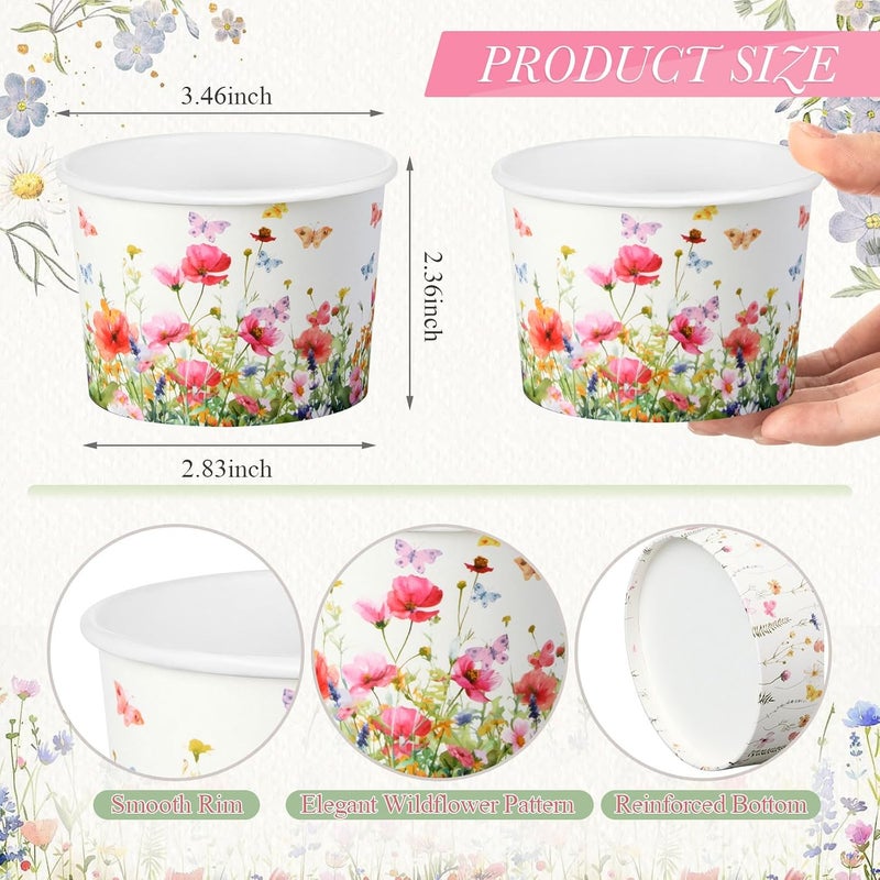 Maxdot 50 Pcs Spring Snack Cups 9oz Disposable Ice Cream Cups Flower and Butterfly Decorative Paper Dessert Bowls Spring Party Supplies for Yogurt, Cupcake, Soup Hot or Cold Food - Image 2
