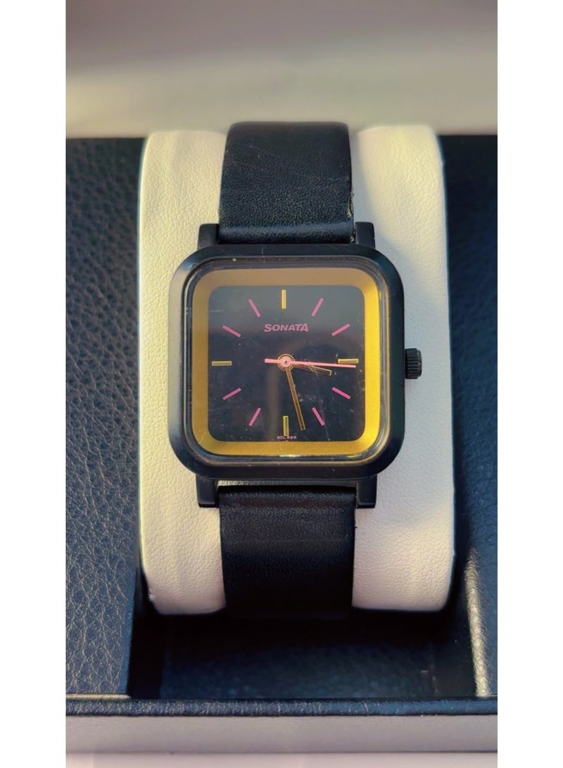 Sonata (A TATA Product) Square Black Dial Analog Quartz Watch for Women - Genuine Black Leather Strap, 30m Water Resistant, Pre-Owned (Like Brand New Condition) | Model 87037PL01 - Image 1