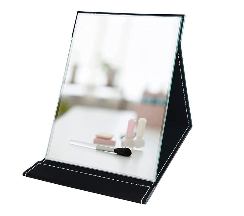 Agabani Folding Round Compact Mirror - PU Leather Vanity with Stand for Desk, Camping, Travel - Personal Tabletop HandMirror - Princess Square Makeup - Image 1