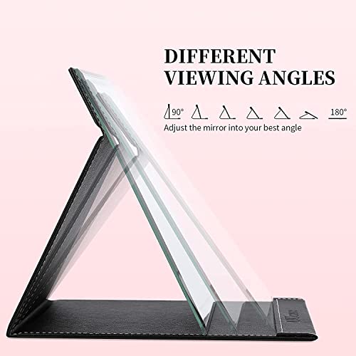 Agabani Folding Round Compact Mirror - PU Leather Vanity with Stand for Desk, Camping, Travel - Personal Tabletop HandMirror - Princess Square Makeup - Image 3