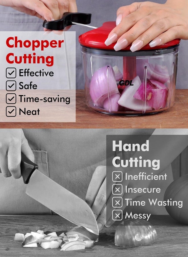 GDL Food Chopper, Pull Onion Chopper Dicer, Hand Powered Food Mincer, Fast Cutting Hand Chopper for Oinon, Garlic, Nut, 3.4 Cups 0.8L, Red - Image 3
