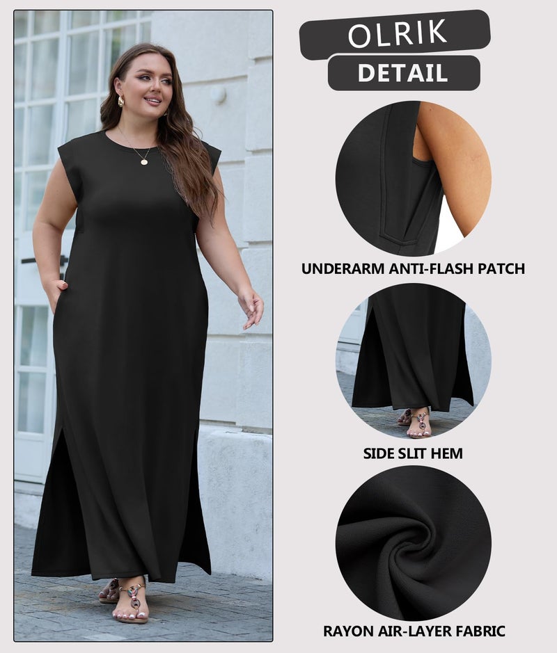 OLRIK Plus Size Maxi Dresses for Curvy Women Summer Evening Party Funeral Cap Sleeve Split Long Dress with Pockets Slimming Black-2X - Image 4