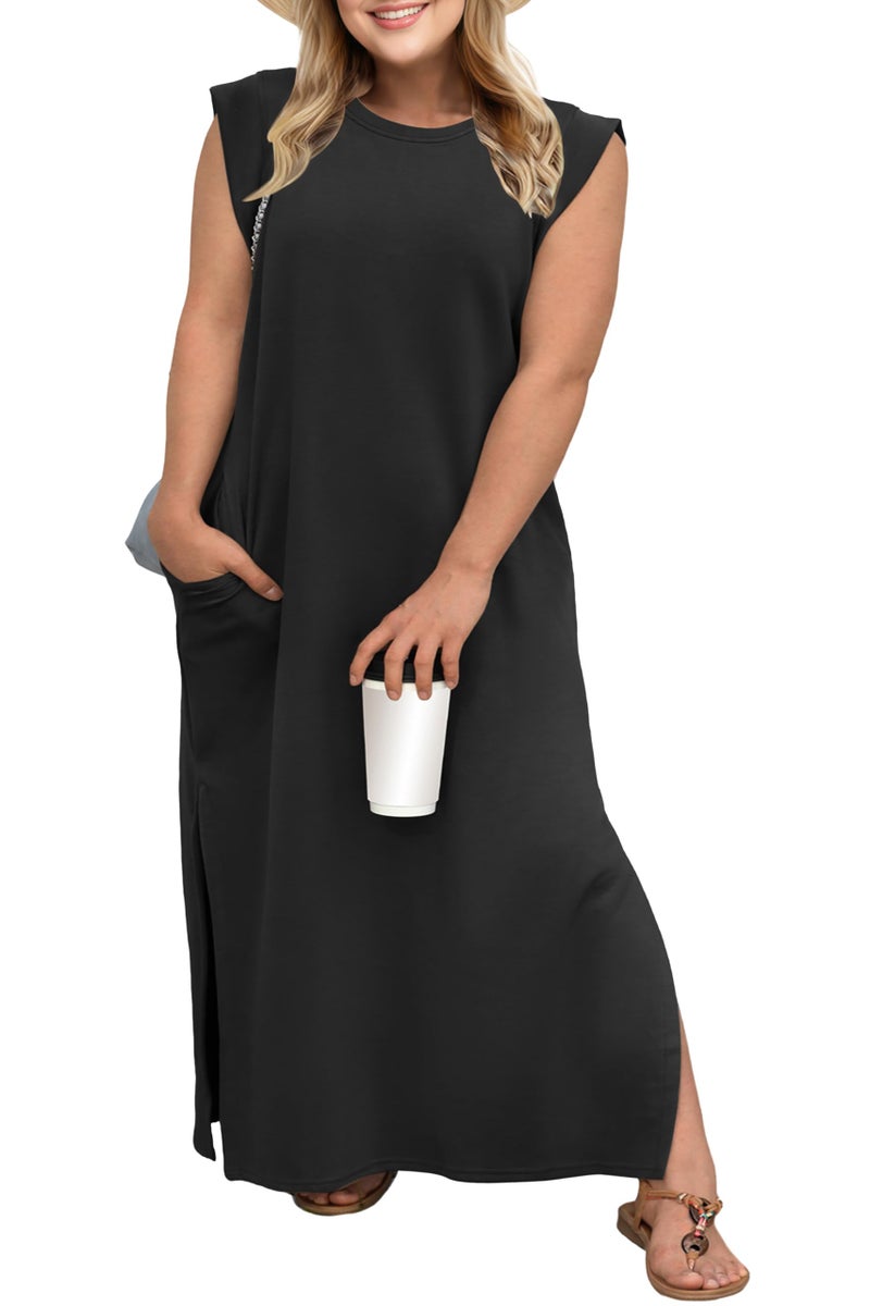 OLRIK Plus Size Maxi Dresses for Curvy Women Summer Evening Party Funeral Cap Sleeve Split Long Dress with Pockets Slimming Black-2X - Image 1