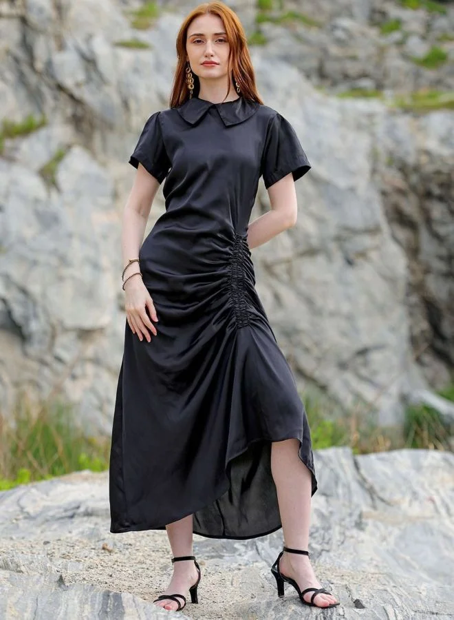 Women Straight Fit Solid Round Neck Short Sleeve Asymmetric Dress