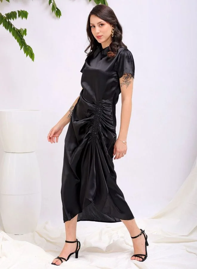 Freehand  Women Straight Fit Solid Round Neck Short Sleeve Asymmetric Dress for Women | Best Price UAE