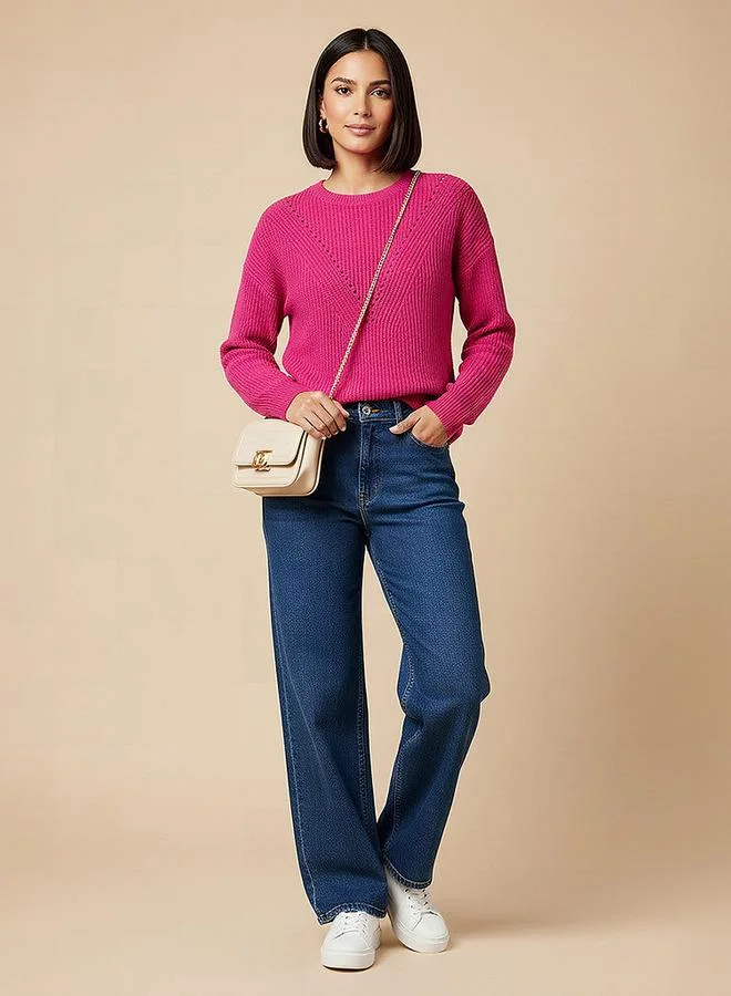 سبلاش فيڤ كنزة بياقة دائرية بنقوش وأكمام طويلة