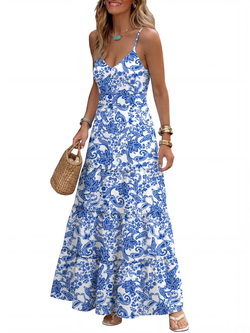Caracilia Summer Maxi Dresses for Women Floral Spaghetti Strap V Neck A Line Casual Long Dress 2026 Beach Vacation Clothes Floral BlueSmall - Image 1