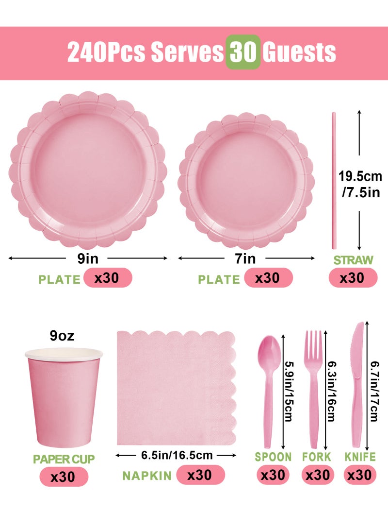 URbazaar 240 Pcs Pink Paper Plates and Napkins, Light Pink Party Supplies Include Scalloped Plate Napkins Cups Plastic Spoons Forks Knives for Baby Shower, Wedding, Birthday - Image 2