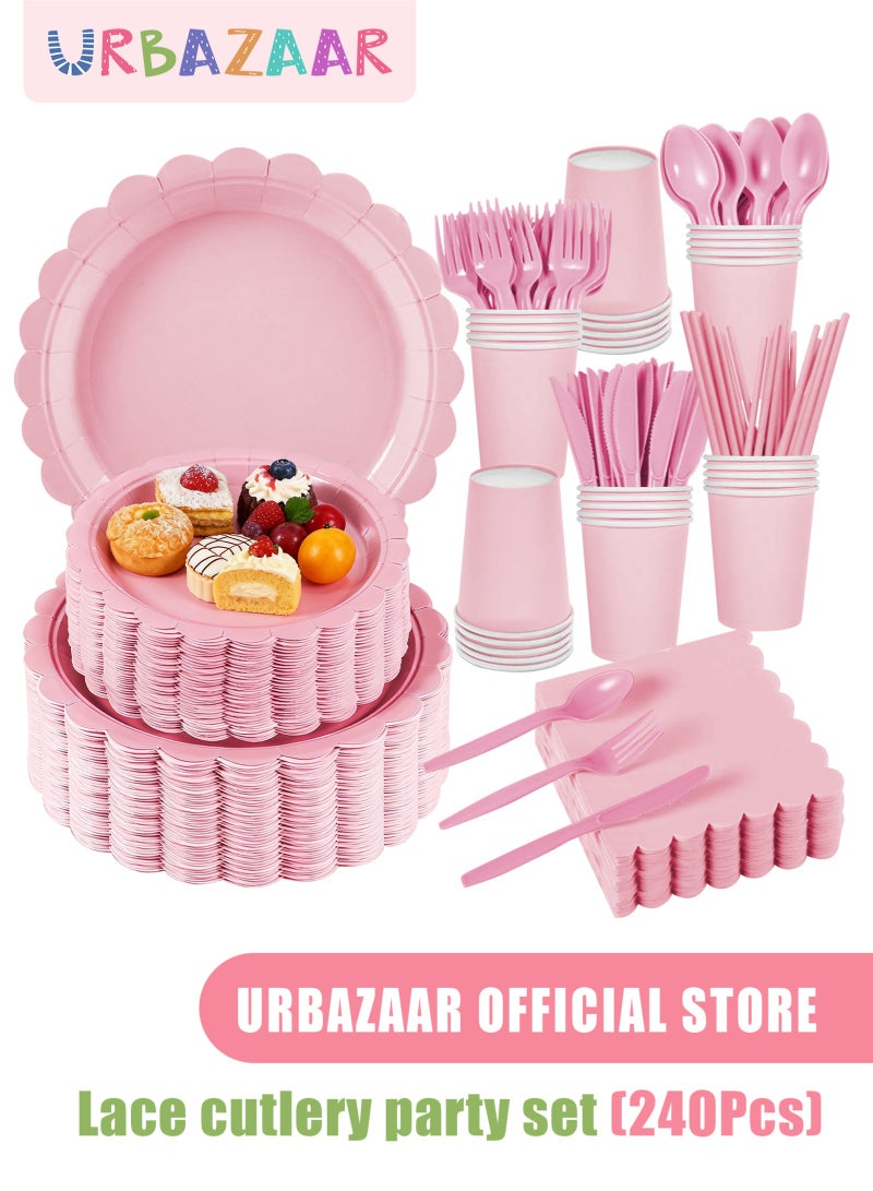 URbazaar 240 Pcs Pink Paper Plates and Napkins, Light Pink Party Supplies Include Scalloped Plate Napkins Cups Plastic Spoons Forks Knives for Baby Shower, Wedding, Birthday - Image 1