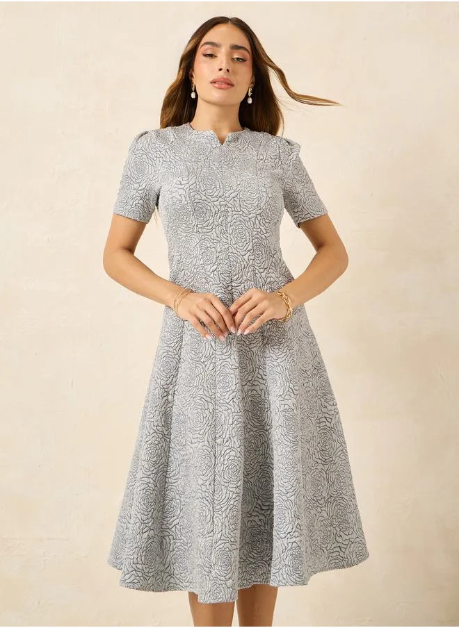 ستايلي Jacquard Notch Neck A-Line Midi Dress