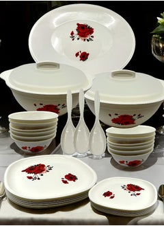 JAYPEE Plastic Le Diner 34 Pieces Dinner Set -Square, White Red Rose Flower  - Image 1