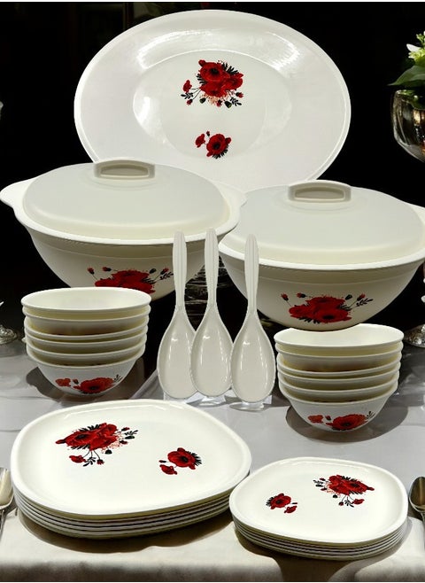 Plastic Le Diner 34 Pieces Dinner Set -Square, White Red Rose Flower