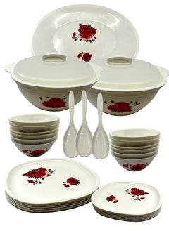JAYPEE Plastic Le Diner 34 Pieces Dinner Set -Square, White Red Rose Flower  - Image 2