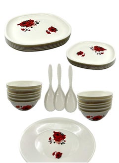JAYPEE Plastic Le Diner 34 Pieces Dinner Set -Square, White Red Rose Flower  - Image 3