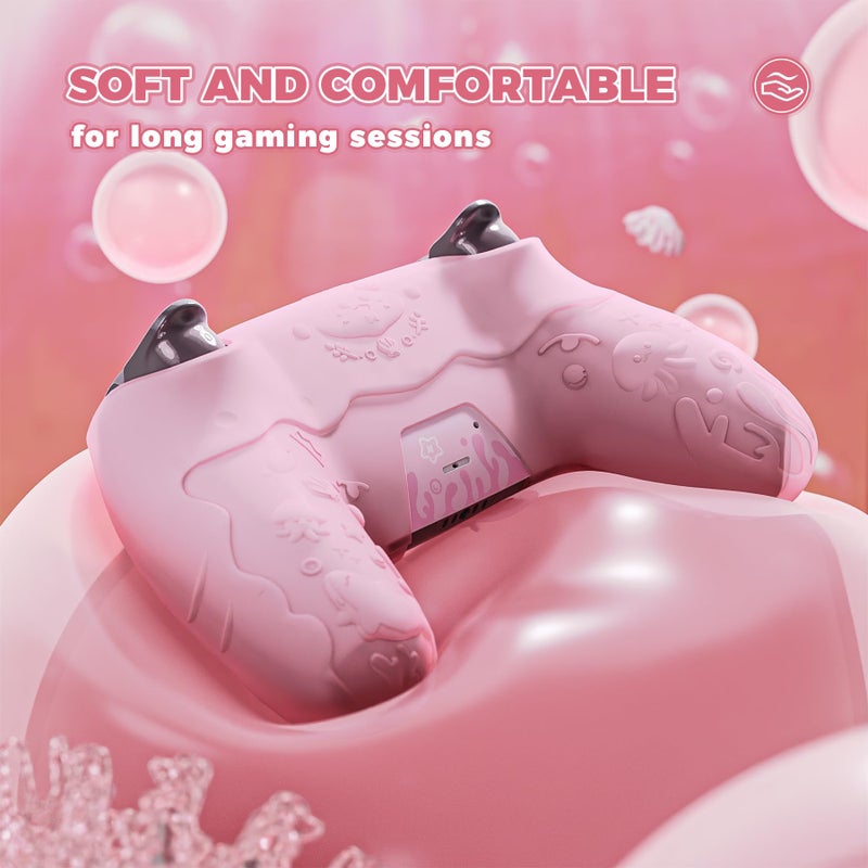 PlayVital for PS5 Controller Cover Skin - Cute Ocean Whisper Series Semi-Clear Silicone Case for PS5 Controller with Thumb Grip & Sticker, Charging Station Compatible, Full Protection - Peach Pink - Image 3