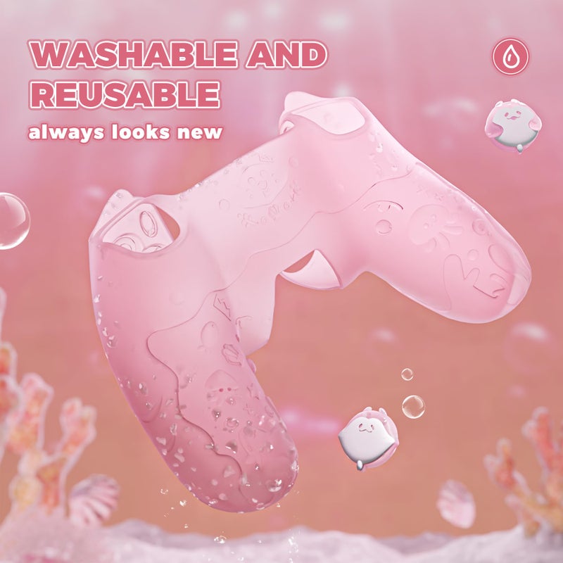 PlayVital for PS5 Controller Cover Skin - Cute Ocean Whisper Series Semi-Clear Silicone Case for PS5 Controller with Thumb Grip & Sticker, Charging Station Compatible, Full Protection - Peach Pink - Image 5
