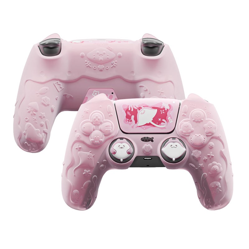 PlayVital for PS5 Controller Cover Skin - Cute Ocean Whisper Series Semi-Clear Silicone Case for PS5 Controller with Thumb Grip & Sticker, Charging Station Compatible, Full Protection - Peach Pink - Image 1