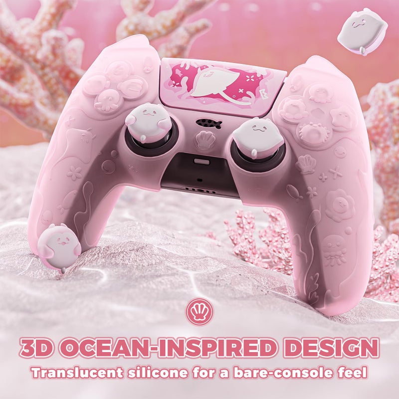 PlayVital for PS5 Controller Cover Skin - Cute Ocean Whisper Series Semi-Clear Silicone Case for PS5 Controller with Thumb Grip & Sticker, Charging Station Compatible, Full Protection - Peach Pink - Image 2